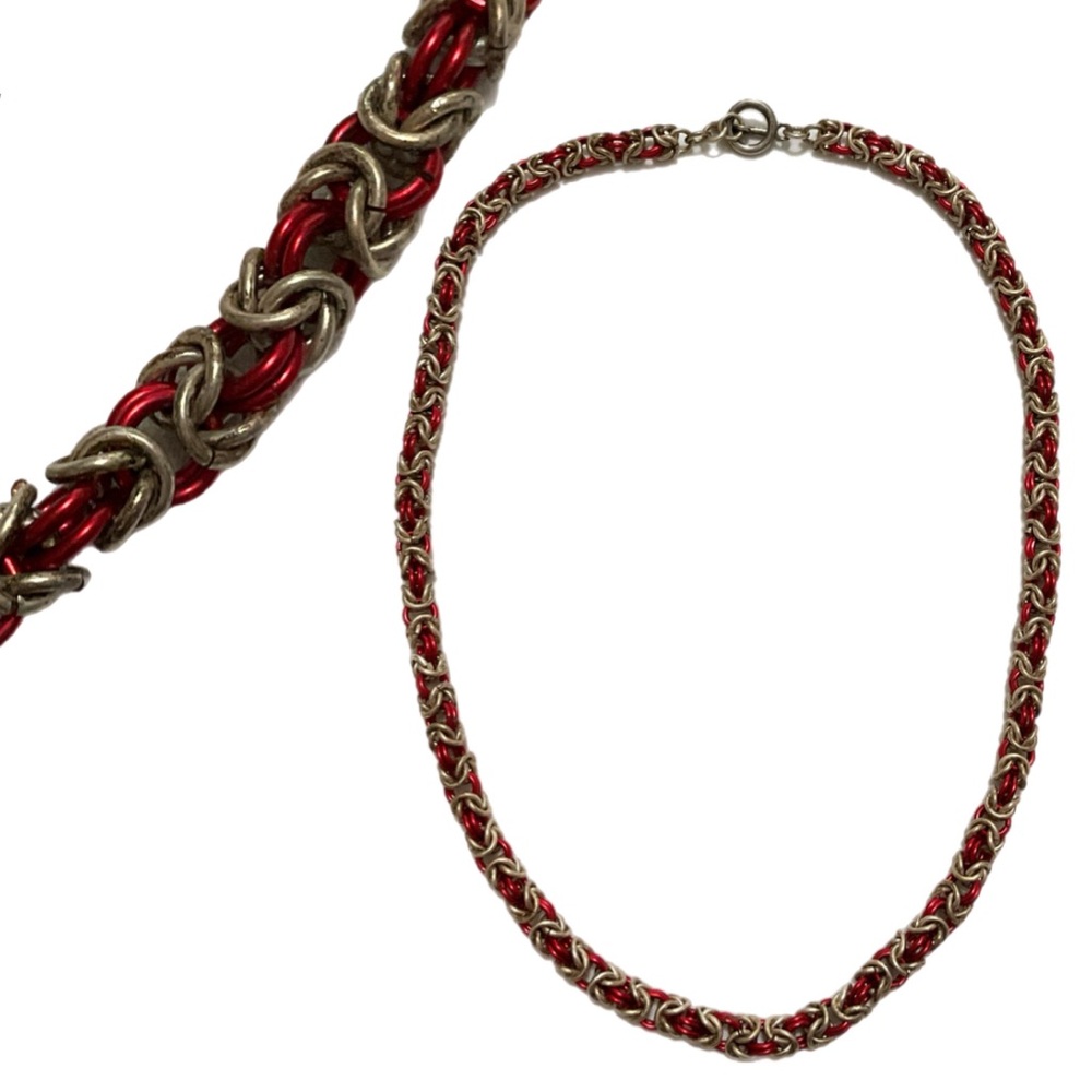 Byzantine Chainmaille Weave Necklace - Red and Silver